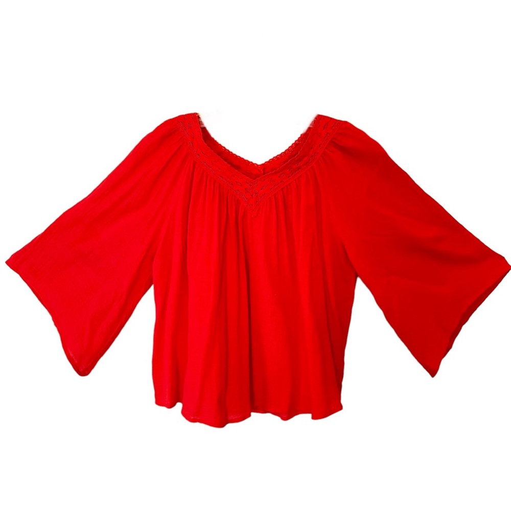 Studio by JPR bright coral bell sleeve V-neck flowy cotton blouse. Women’s Small